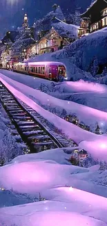 Purple-lit train through snowy village at night.