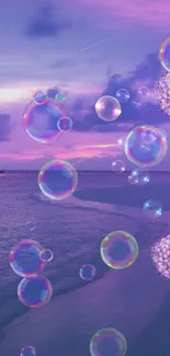 Dreamy purple ocean with flowers and bubbles under a moonlit sky.