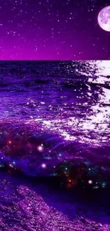 Purple ocean waves under a starry sky with a full moon.