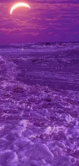 Stunning purple ocean wallpaper with a crescent moon and sparkling waves.