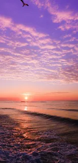 Purple ocean sunset with a serene atmosphere and vibrant colors.