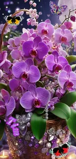 Purple orchids in a basket with butterflies and moonlit background.