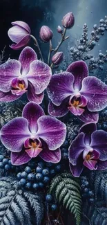 Purple orchids with lush foliage in elegant display.