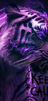 Purple neon tiger with lightning and "Keep Calm" text in vibrant design.