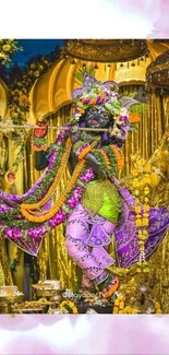 Vibrant image of Lord Krishna with floral motifs.