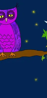 Purple owl perched on branch with stars in night scene wallpaper.