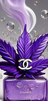 Purple perfume bottle with leaf design in mobile wallpaper.