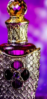 Elegant purple and gold perfume bottle wallpaper with luxurious details.