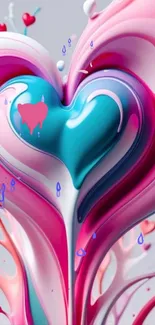 Vibrant liquid heart design mobile wallpaper with colorful abstract elements.