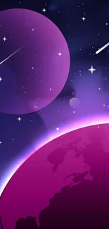 Purple cosmic wallpaper with planets and shooting stars.