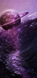 Mobile wallpaper with a purple planet and starry galaxy background.