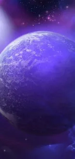 Purple planet floating in cosmic space.