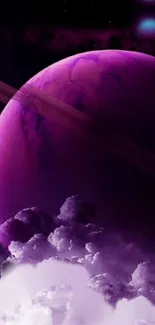 Purple planet and clouds in cosmic, ethereal space wallpaper.