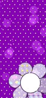 Purple polka dot wallpaper with whimsical flower design.