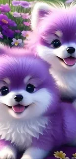 Purple fluffy puppies with flowers wallpaper.