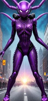 Purple robot in a futuristic city street with neon lights.