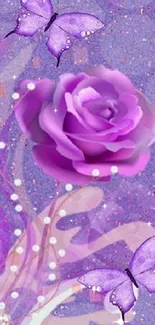 Purple rose with butterflies on a textured background.