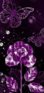 Geometric purple rose and butterflies on dark background.