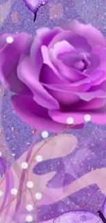 Purple rose with butterflies on a violet background.