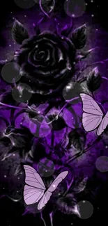 Purple rose and butterflies digital art on a dark background.