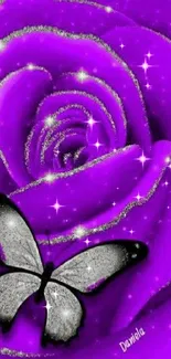 Purple rose with a butterfly accenting design.