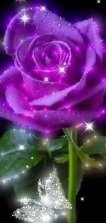 Purple rose with glowing aura and butterfly in a magical setting.