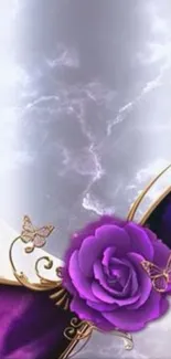 Artistic wallpaper with purple rose and butterflies