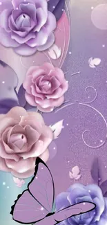 Purple floral wallpaper with roses and butterfly.