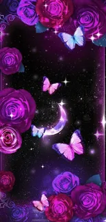 Mobile wallpaper with purple roses and butterflies on a cosmic background.