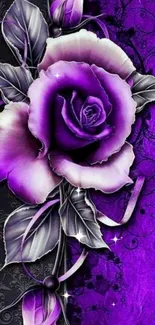 Elegant purple rose with intricate floral patterns background.