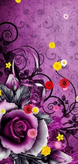 Purple rose floral wallpaper with elegant patterns.