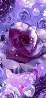 Purple rose floral wallpaper with dewdrops and heart accents.