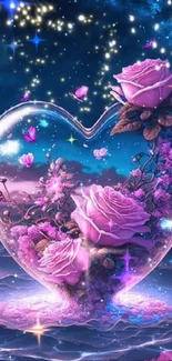 Ethereal heart with purple roses in a mystical night sky.