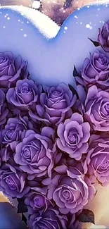 Heart-shaped purple roses on snow background.