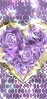 Purple roses in heart shape with sparkles.