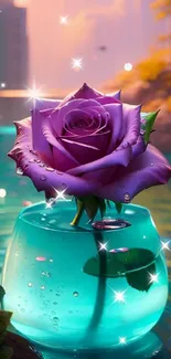 Purple rose in a glass vase on water with cityscape in background.