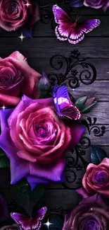 Artistic wallpaper with purple roses and butterflies on a dark background.