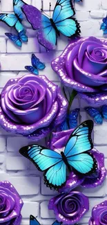 Purple roses and blue butterflies on a brick wall.