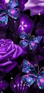 Purple roses and butterflies wallpaper design.