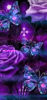 Purple roses with colorful butterflies on a black background.