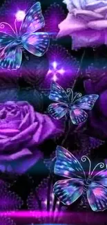 Purple roses and blue butterflies wallpaper.