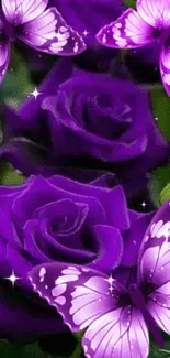 Purple roses and butterflies wallpaper with lush greenery.