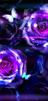 Purple roses with butterflies on a dark background, beautifully designed for mobile screen.