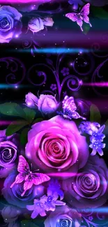 Vibrant purple roses and butterflies wallpaper.