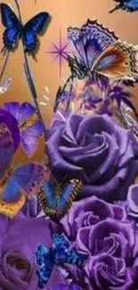 Purple roses with colorful butterflies on a mobile wallpaper.