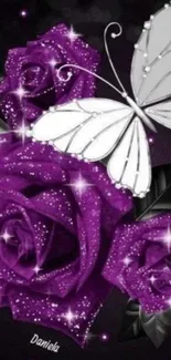 Purple roses with a sparkling white butterfly in a stunning design.