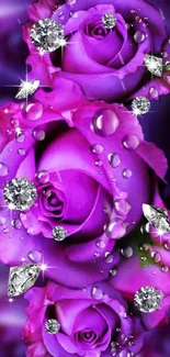 Purple roses with diamonds and dewdrops create a luxurious mobile wallpaper.