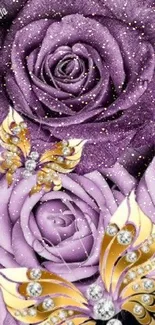 Purple roses with gold butterflies wallpaper.