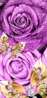 Purple roses with gold butterflies mobile wallpaper.