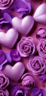 Purple hearts and roses on a floral backdrop.